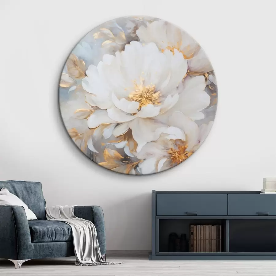 Tablouri Bujori albi cu mijloc și frunze albastre, tușe delicate, fundal albastru deschis, aranjament floral r46271