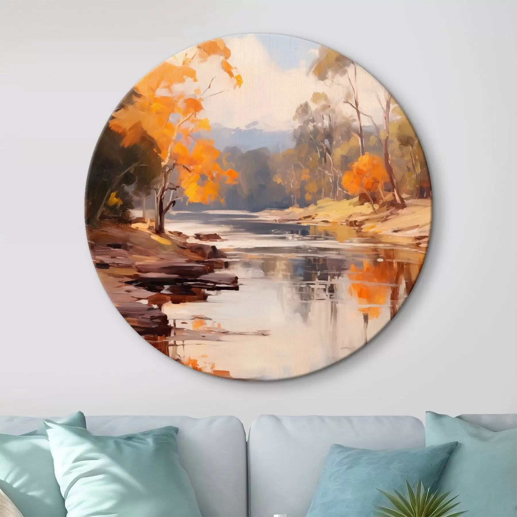 Tablouri Peisaj de toamnă, râu cu copaci pe mal, pădure în fundal, reflexii pe apă r46280