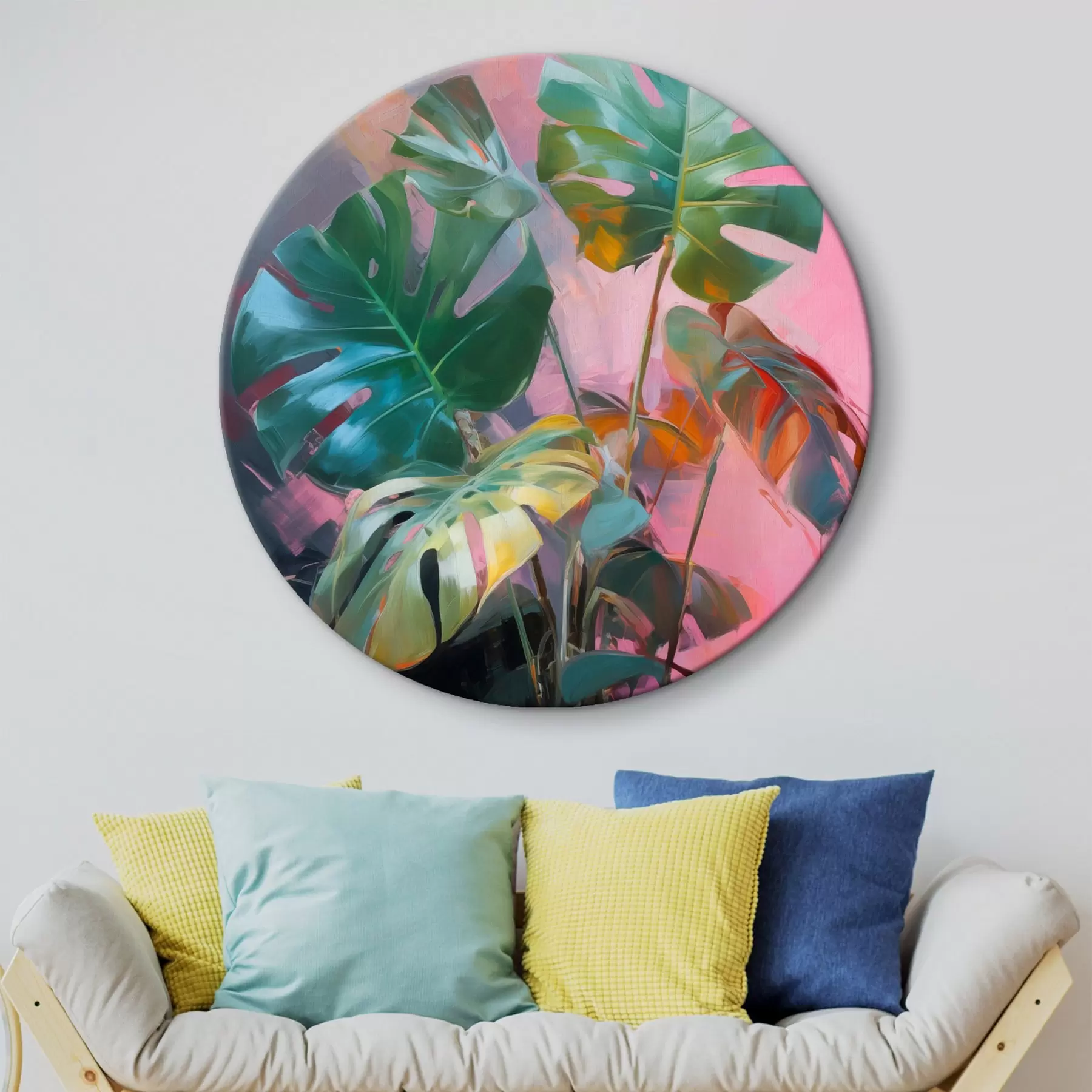 Tablouri Plantă abstractă monstera cu frunze verzi vibrante, pe un fundal de nuanțe delicate de roz și violet r46286
