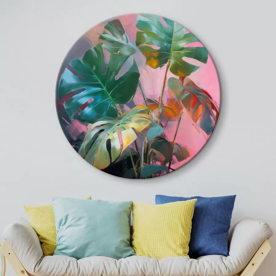 Tablouri Plantă abstractă monstera cu frunze verzi vibrante, pe un fundal de nuanțe delicate de roz și violet r46286