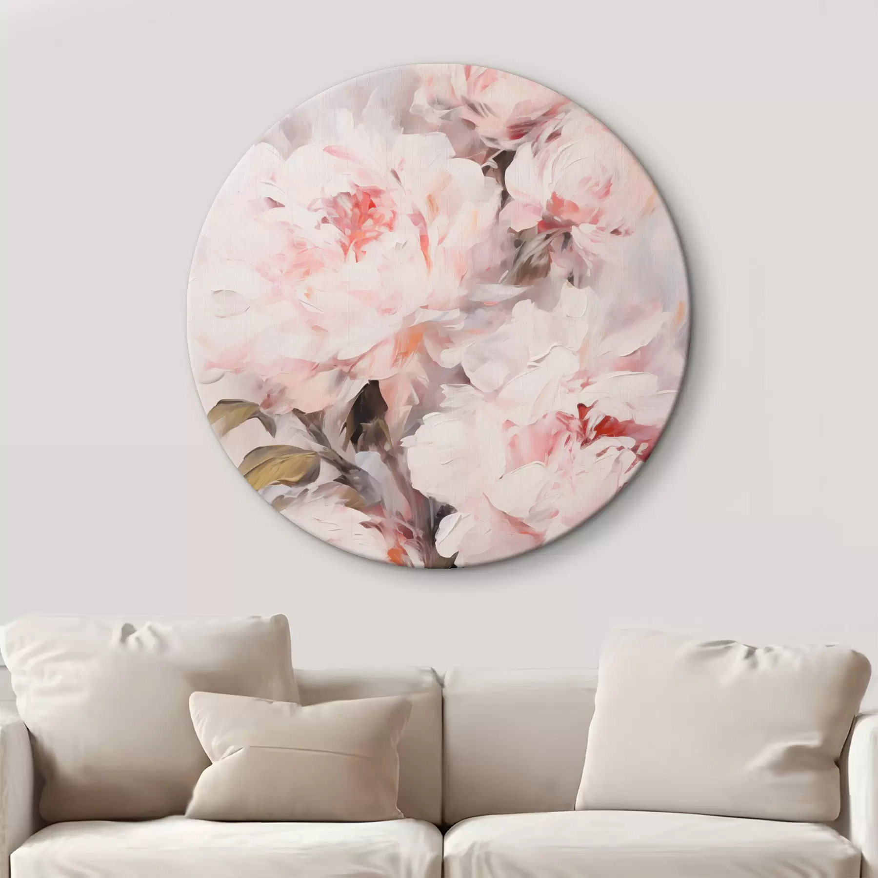 Tablouri Un buchet de bujori roz deschis cu frunze verzi, tușe delicate, culori pastelate, pe un fundal deschis r46294