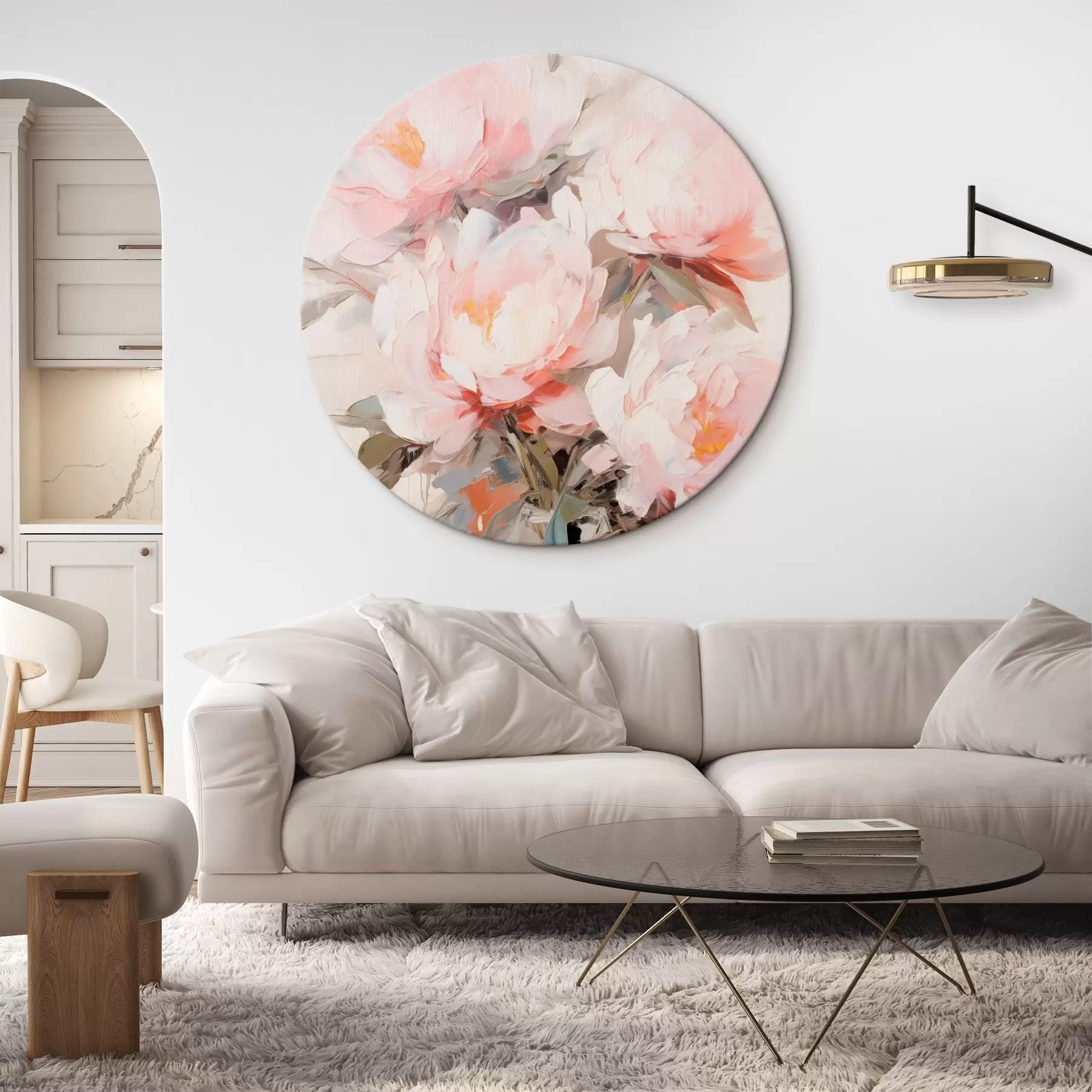 Tablouri Un buchet de bujori roz și albi într-o vază de sticlă, tușe delicate, culori pastelate, fundal neutru r46295