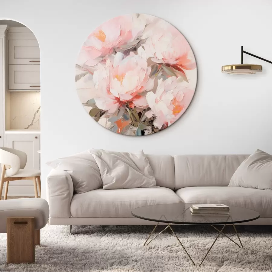 Tablouri Un buchet de bujori roz și albi într-o vază de sticlă, tușe delicate, culori pastelate, fundal neutru r46295