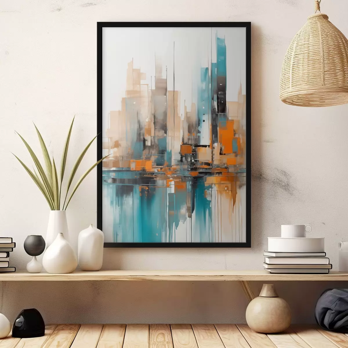 Poster Peisaj urban abstract cu portocaliu, verde-albastru și maro, pensule verticale și forme geometrice f46266