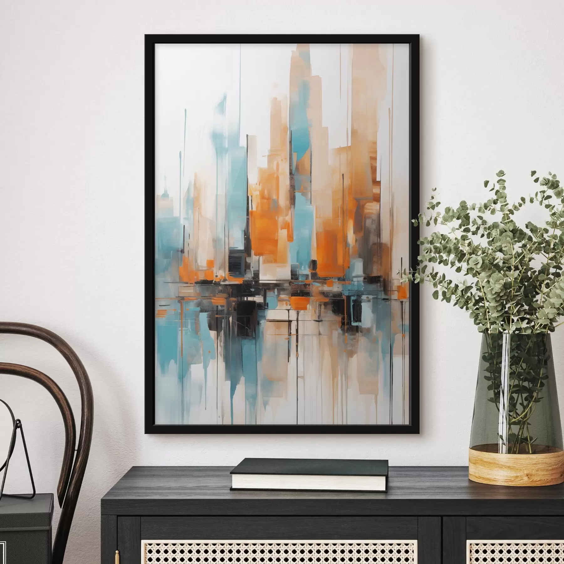 fototapet Peisaj urban abstract cu tușe verticale în nuanțe de portocaliu, albastru și alb, stil pictural f46267