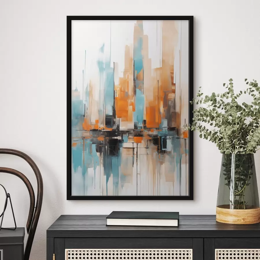 fototapet Peisaj urban abstract cu tușe verticale în nuanțe de portocaliu, albastru și alb, stil pictural f46267