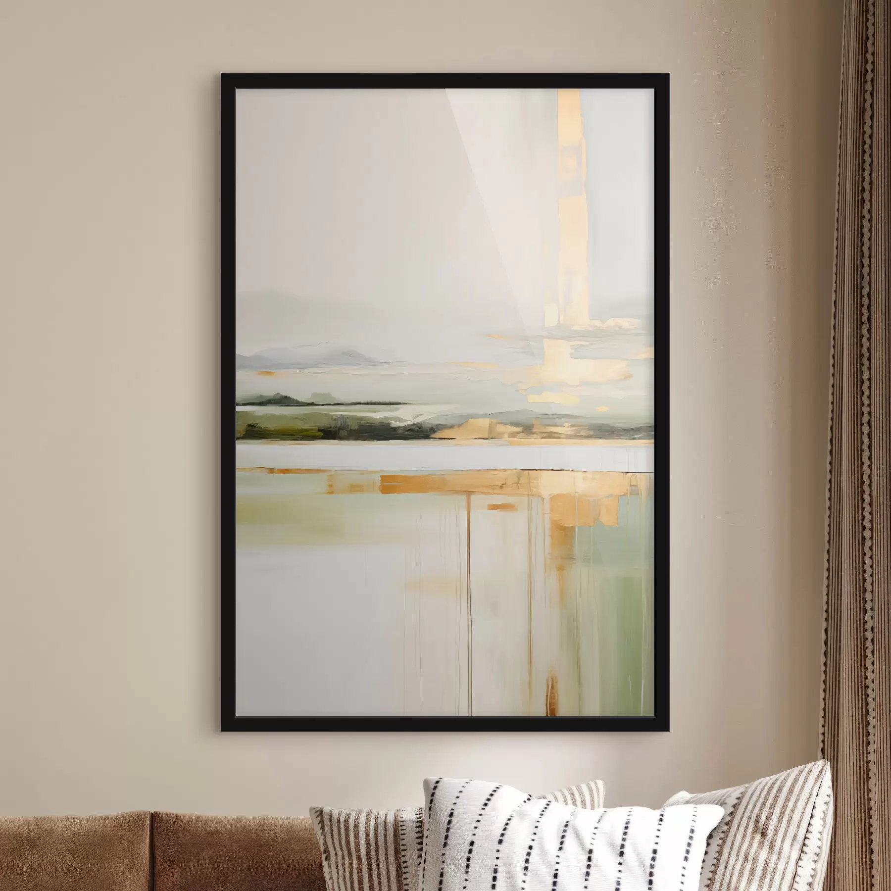 fototapet Peisaj abstract cu accente galbene, o compoziție minimalistă de pământ, apă și cer, cu culori discrete f46268