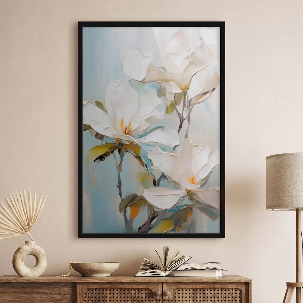 Poster Flori albe de magnolie, fundal albastru deschis cu tușe delicate, stil pictură în ulei, textură impasto f46276
