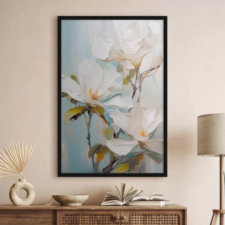 fototapet Flori albe de magnolie, fundal albastru deschis cu tușe delicate, stil pictură în ulei, textură impasto f46276