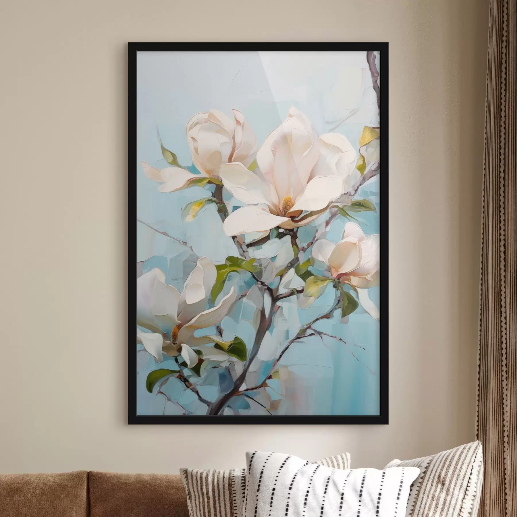 fototapet Flori albe de magnolie, fundal albastru deschis cu tușe delicate, stil pictură în ulei, textură impasto f46277