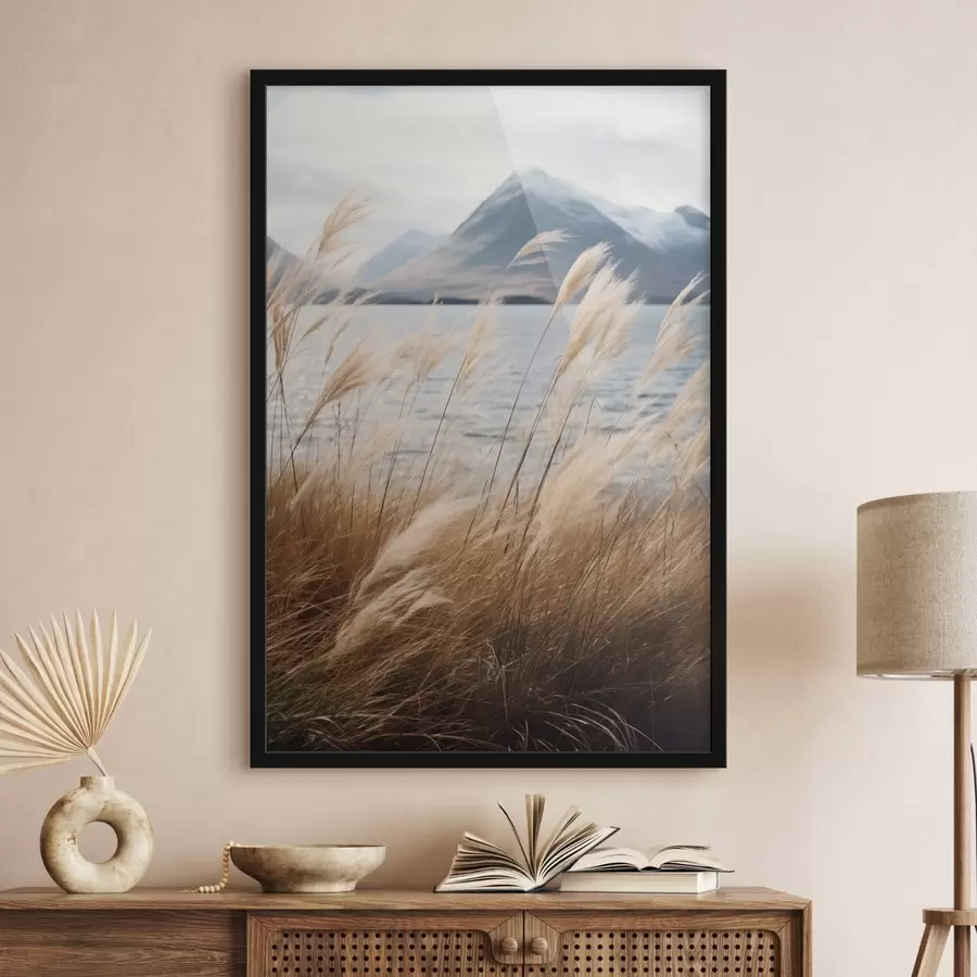 fototapet Iarbă de pampas cu un lac și munți în fundal, iluminare difuză, culori discrete, stil naturalist f46283