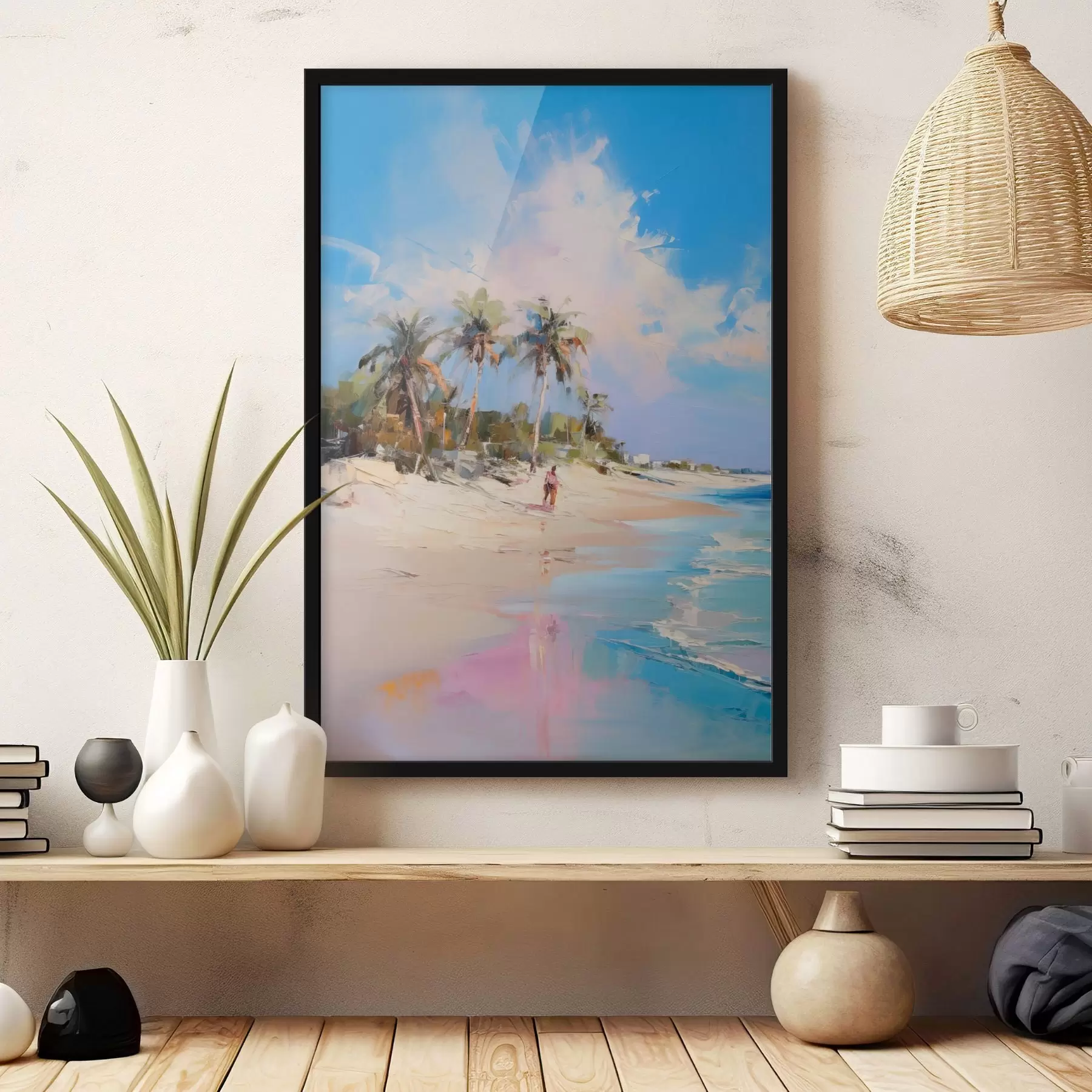 fototapet Peisaj abstract, o plajă cu palmieri, o zi însorită cu cer albastru și câteva nori f46284