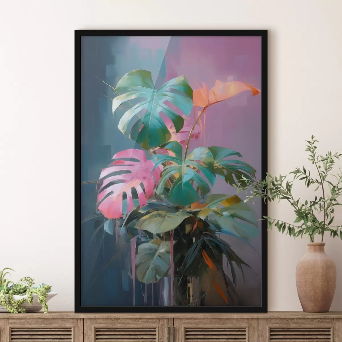 Poster Plantă abstractă monstera cu frunze roz și verzi, culori vibrante, pe un fundal estompat f46287