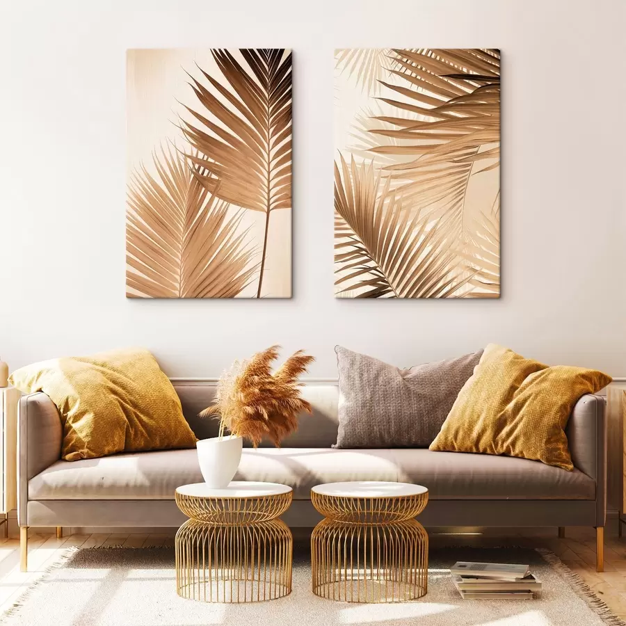 Tablouri Frunze de palmier în tonuri maronii, fundal neutru, stil minimalist, iluminare naturală, atmosferă tropicală m00880