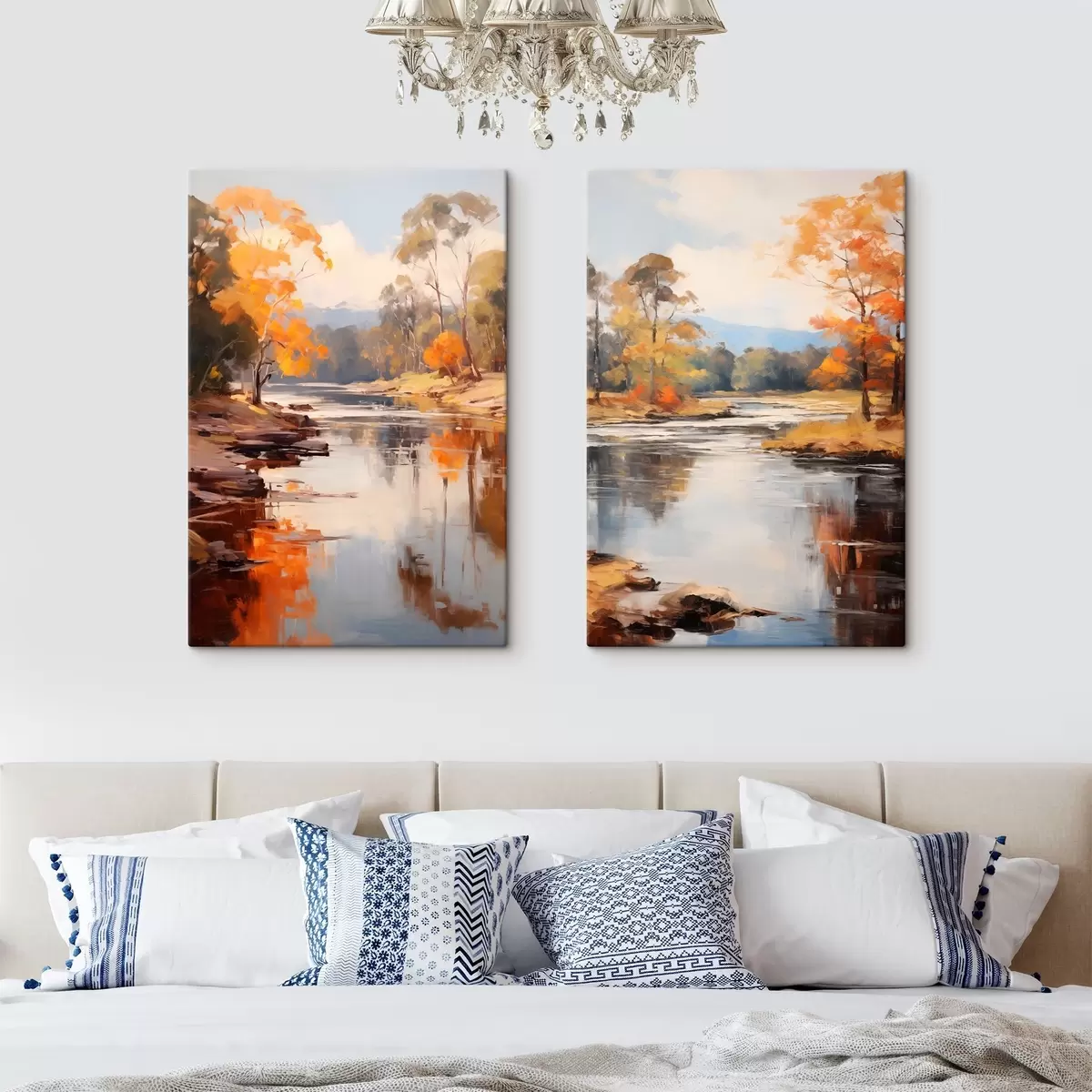 Tablouri Peisaj de toamnă, râu cu copaci pe mal, pădure în fundal, reflexii pe apă m00883