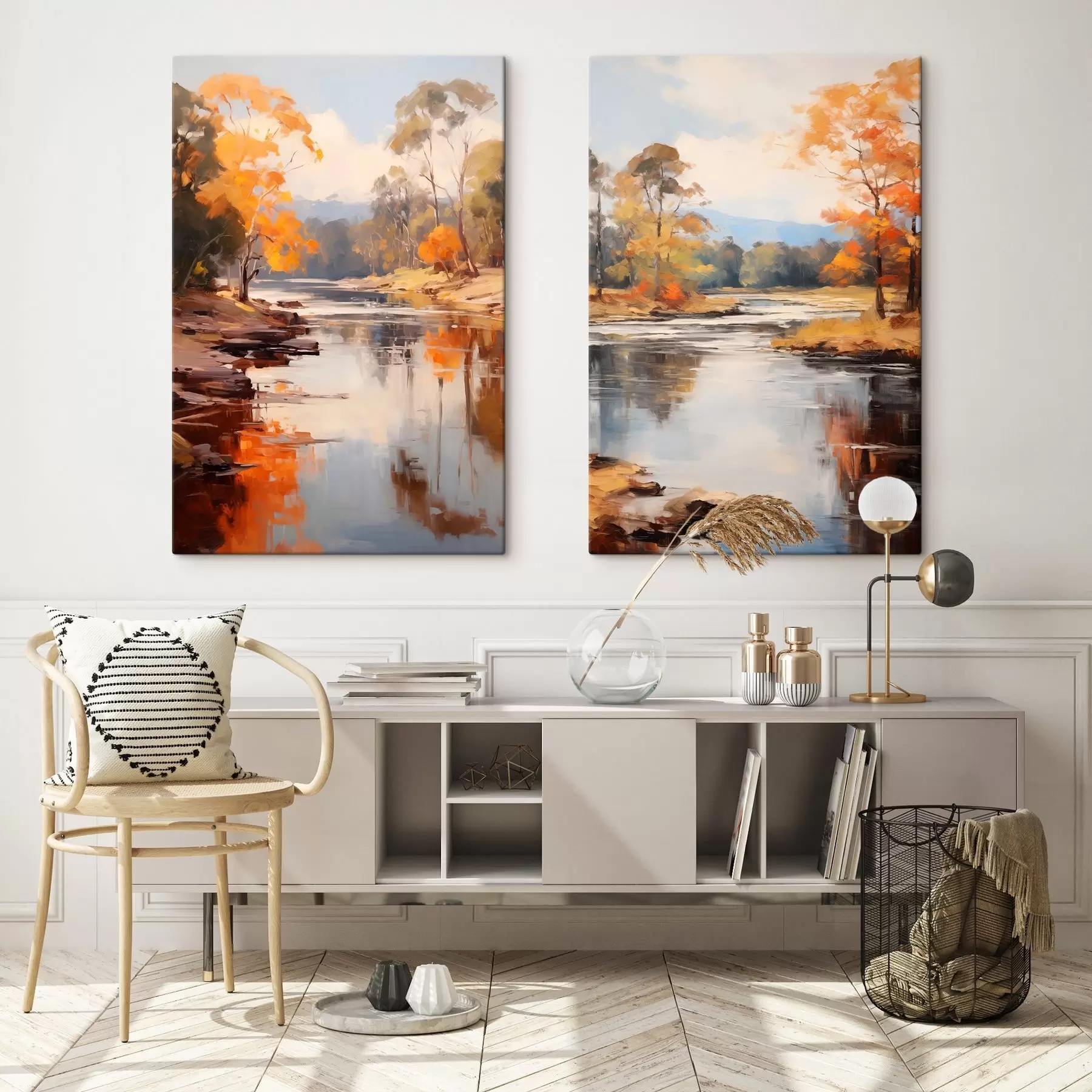 Tablouri Peisaj de toamnă, râu cu copaci pe mal, pădure în fundal, reflexii pe apă m00883