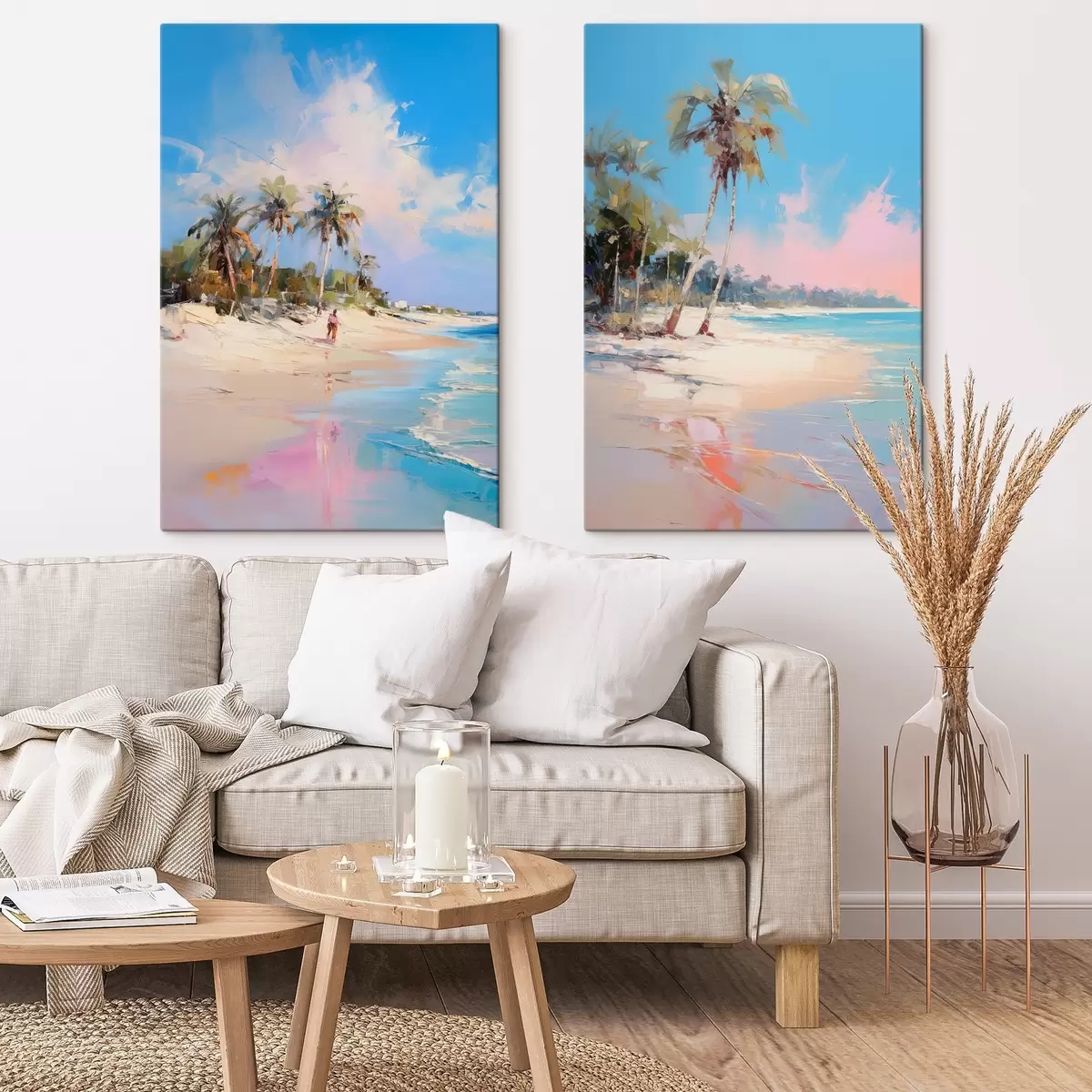 Tablouri Peisaj abstract, o plajă cu palmieri, o zi însorită cu cer albastru și câteva nori m00885