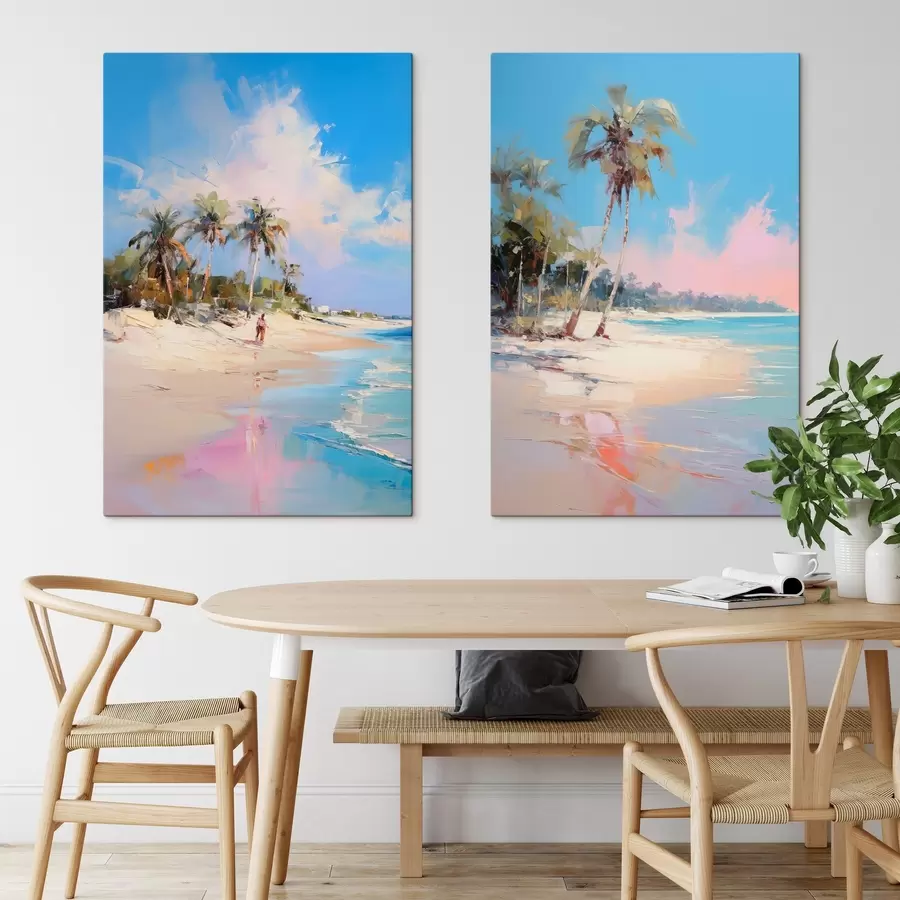 Tablouri Peisaj abstract, o plajă cu palmieri, o zi însorită cu cer albastru și câteva nori m00885