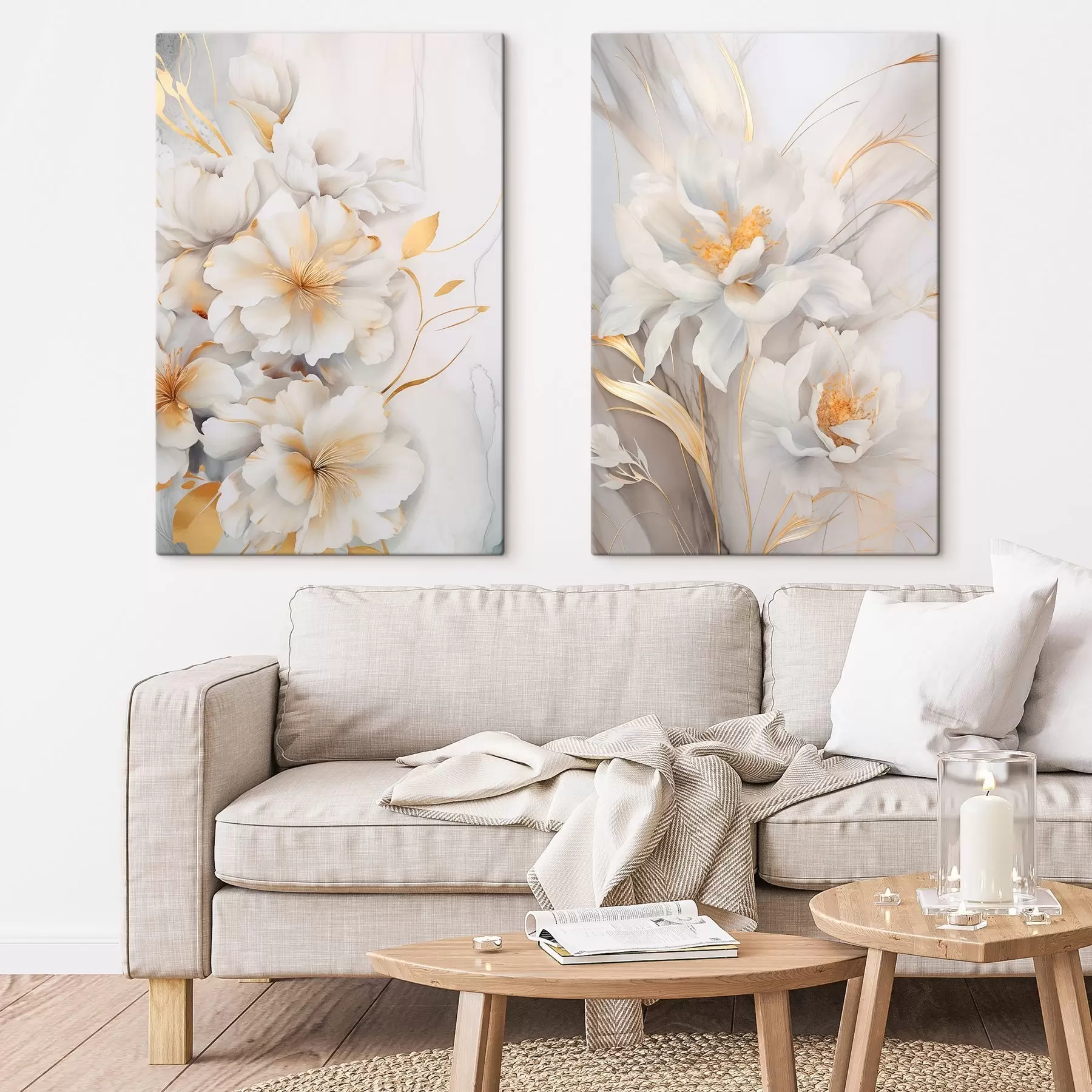 Tablouri Flori albe cu detalii galbene, petale cu umbre subtile, fundal deschis cu efect marmorat subtil m00889