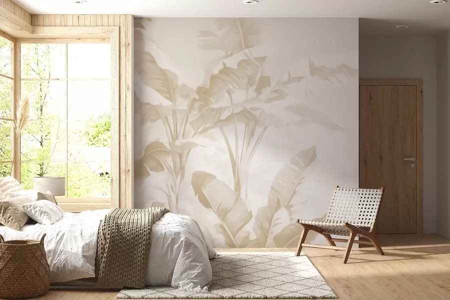 fototapet Frunze de bananier tropical în nuanțe delicate de bej w09311v2