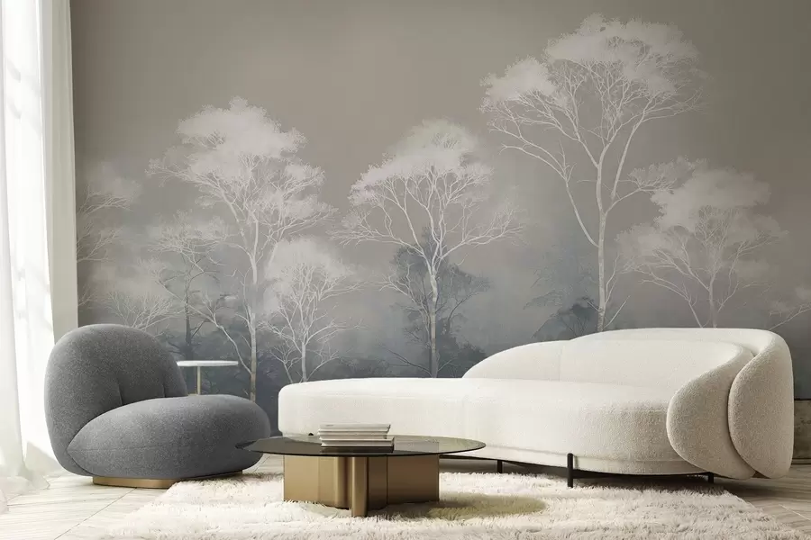 fototapet Copaci minimalisti în paleta de culori albastru-gri, în ceață w09448