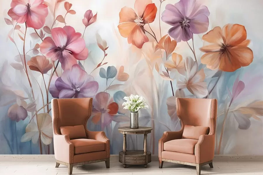 fototapet Aranjament floral texturat cu flori roz, violet și portocalii, cu tulpini și frunze verzi, în culori pastelate delicate w09486