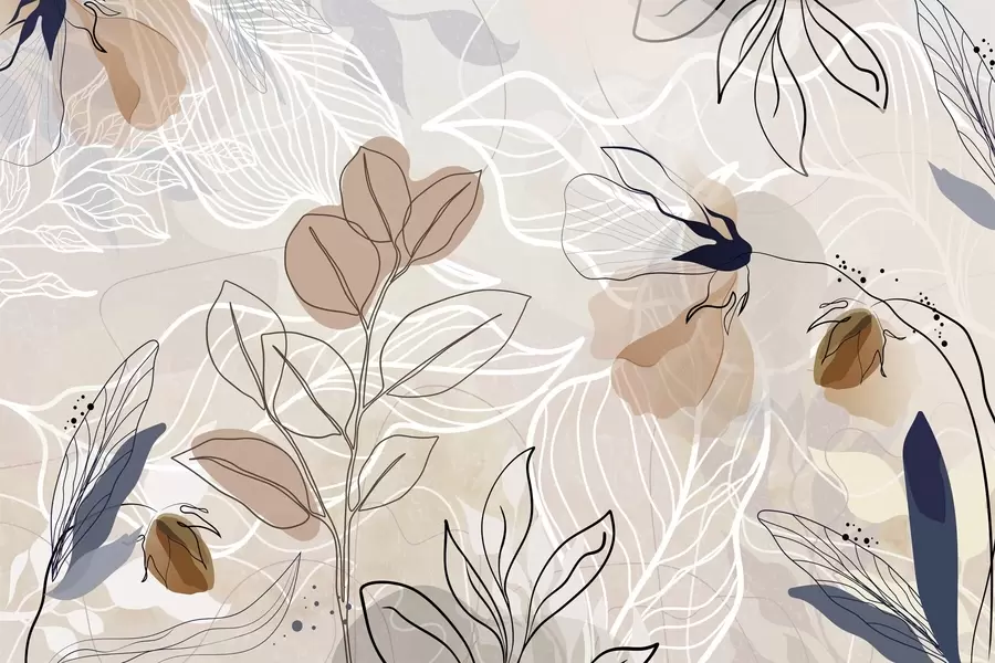 fototapet Fundal abstract bej cu frunze și flori desenate, modern, minimalist, forme organice, imprimeu botanic  w09487