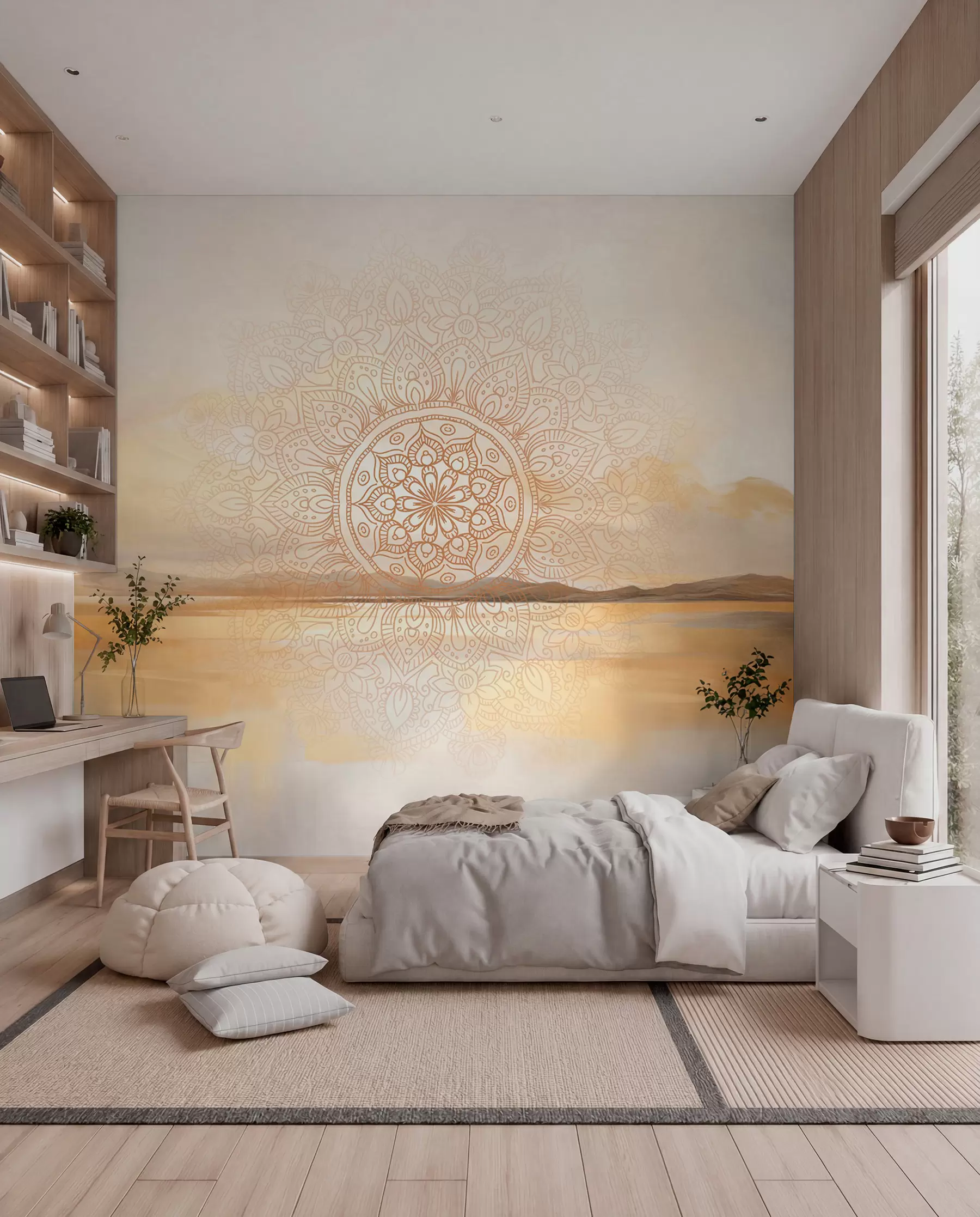 fototapet Design mandala simetric texturat care acoperă un peisaj cu mare, dealuri și cer, culori pastelate delicate w09491