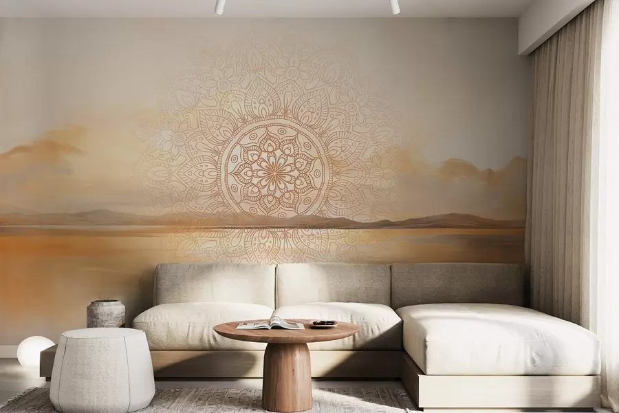 fototapet Design mandala simetric texturat care acoperă un peisaj cu mare, dealuri și cer, culori pastelate delicate w09491