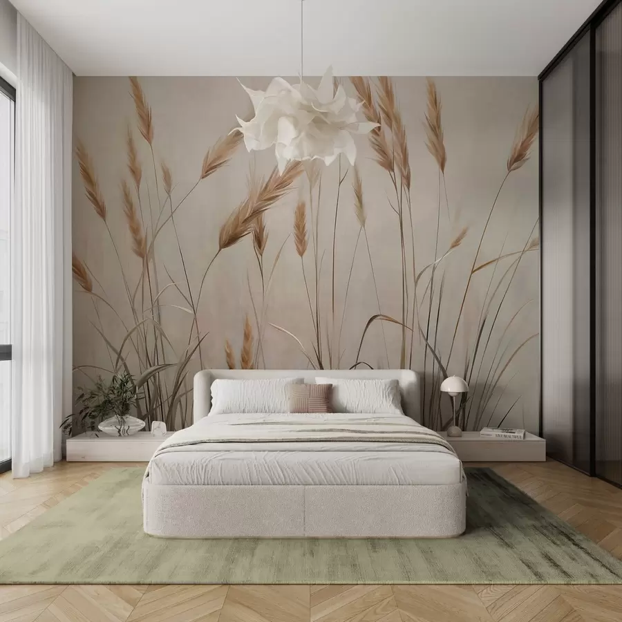 fototapet Câmp cu textură de grâu cu spice galbene, fundal bej, iluminare naturală, tonuri calde, pensule detaliate w09493