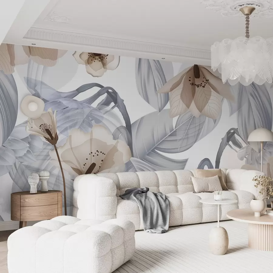 fototapet Flori maro și frunze gri, fundal botanic floral, design elegant, culori delicate, detalii fine și delicate w09497v1