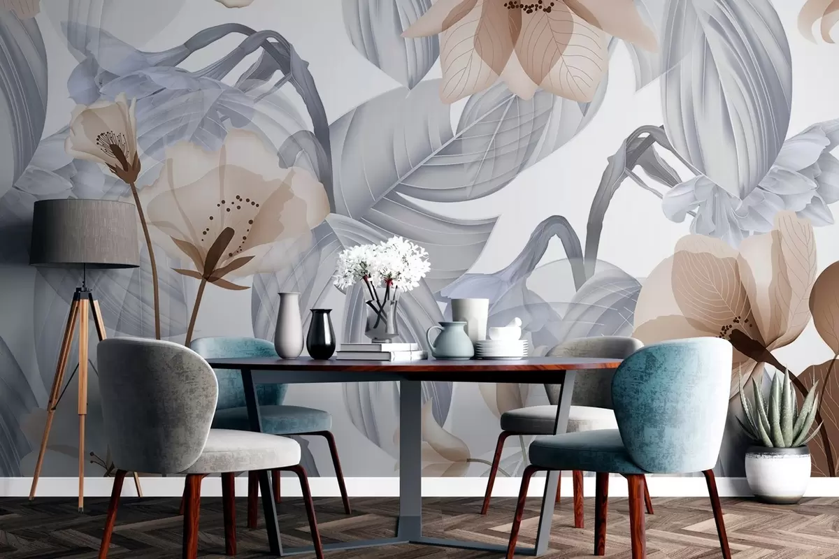 fototapet Flori maro și frunze gri, fundal botanic floral, design elegant, culori delicate, detalii fine și delicate w09497v1