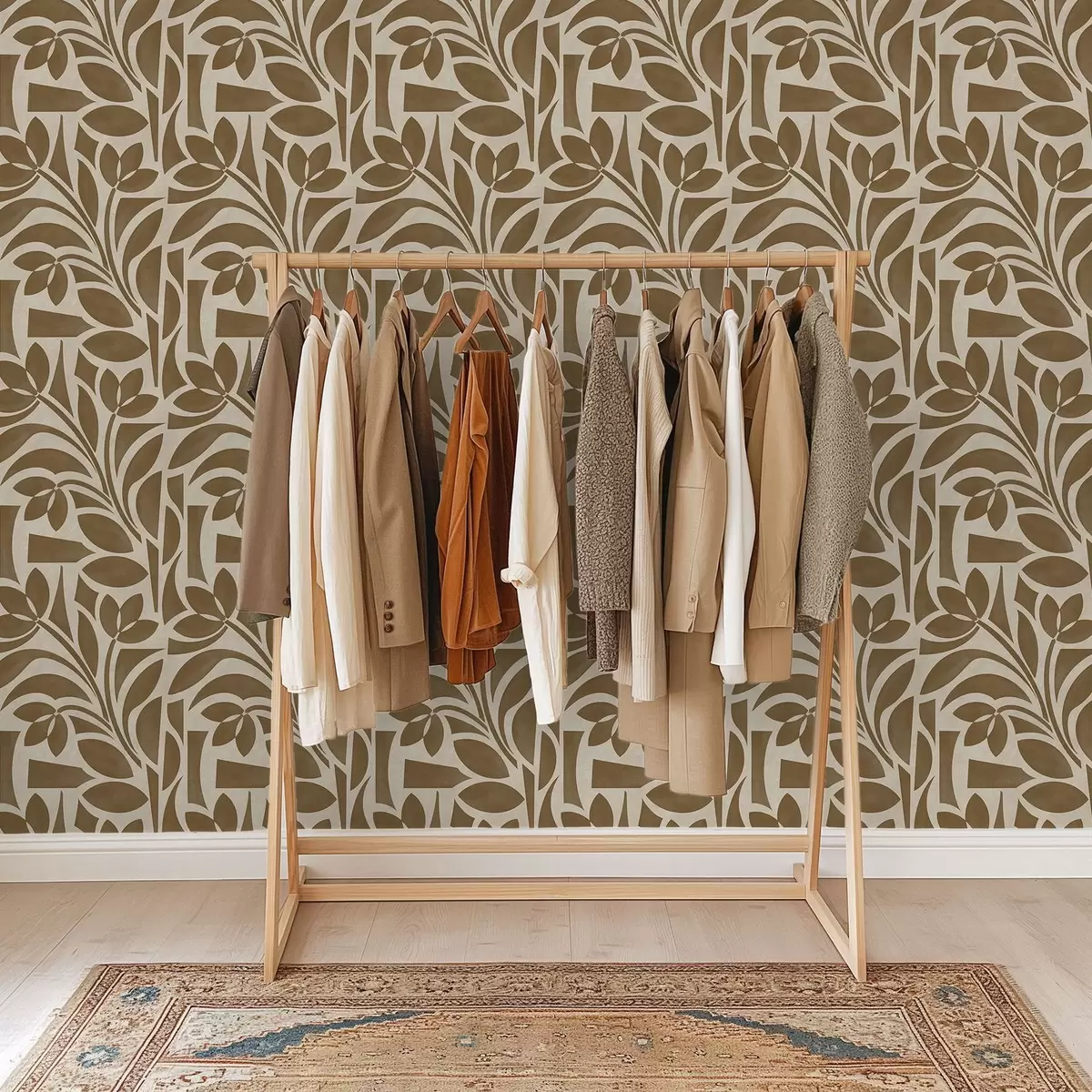 Wallpaper Siluete geometrice de frunze, maro caramel pe bej a00679