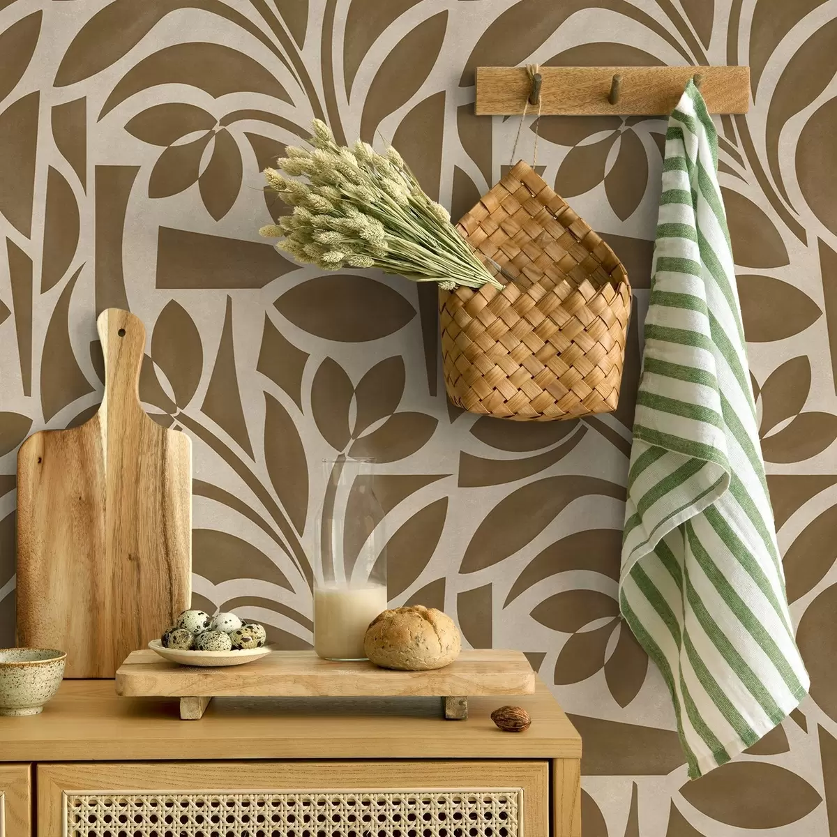 Wallpaper Siluete geometrice de frunze, maro caramel pe bej a00679