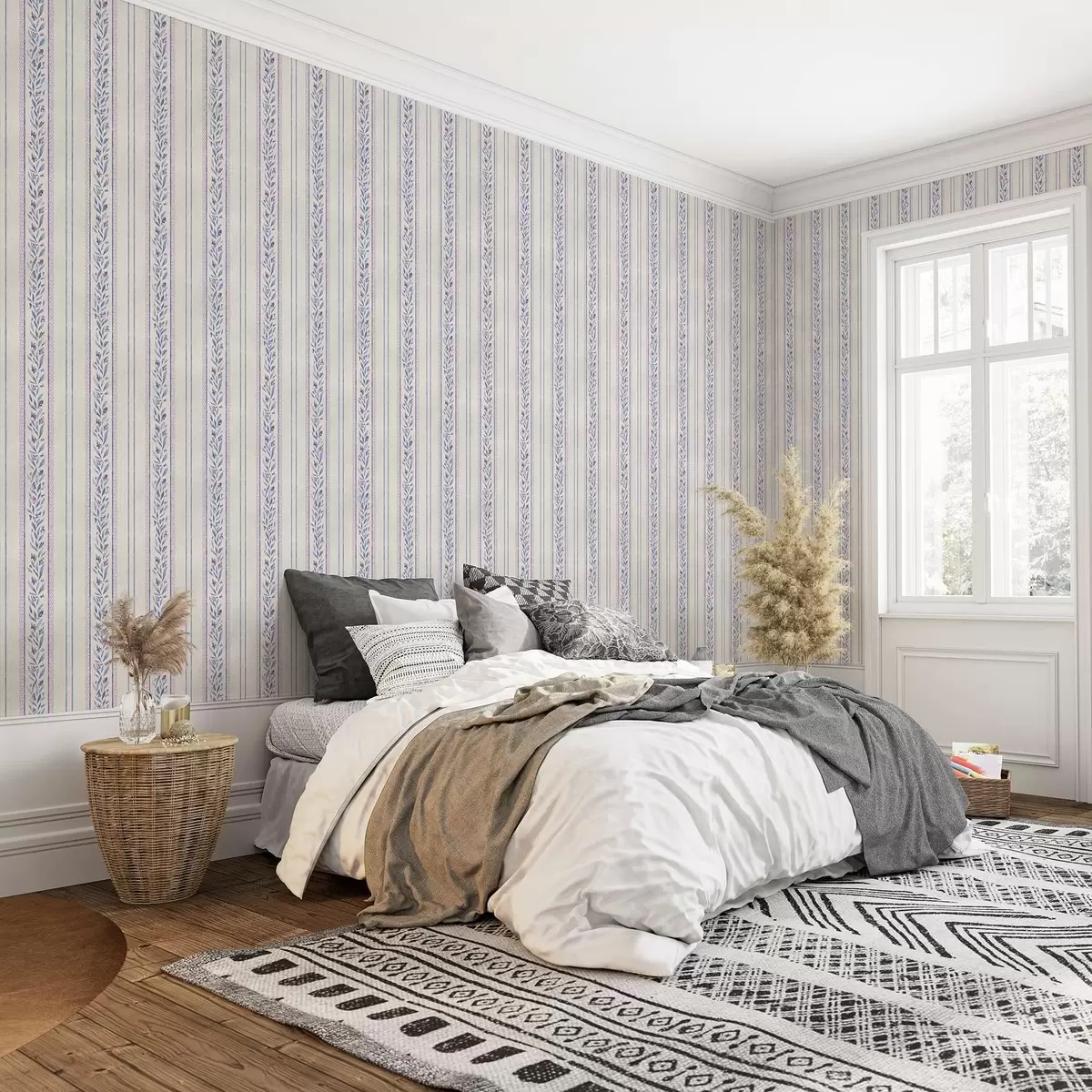 Wallpaper Dungi verticale cu ghirlande de lavandă, fundal bej a00813v1