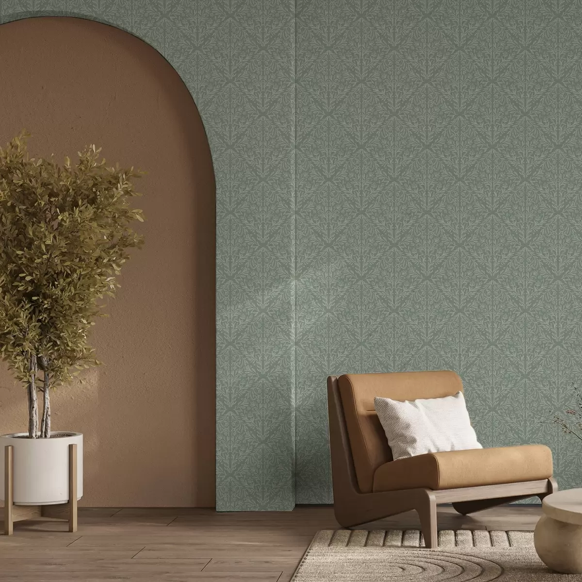 Wallpaper Damasc botanic pe fundal mentă-măsliniu a00815