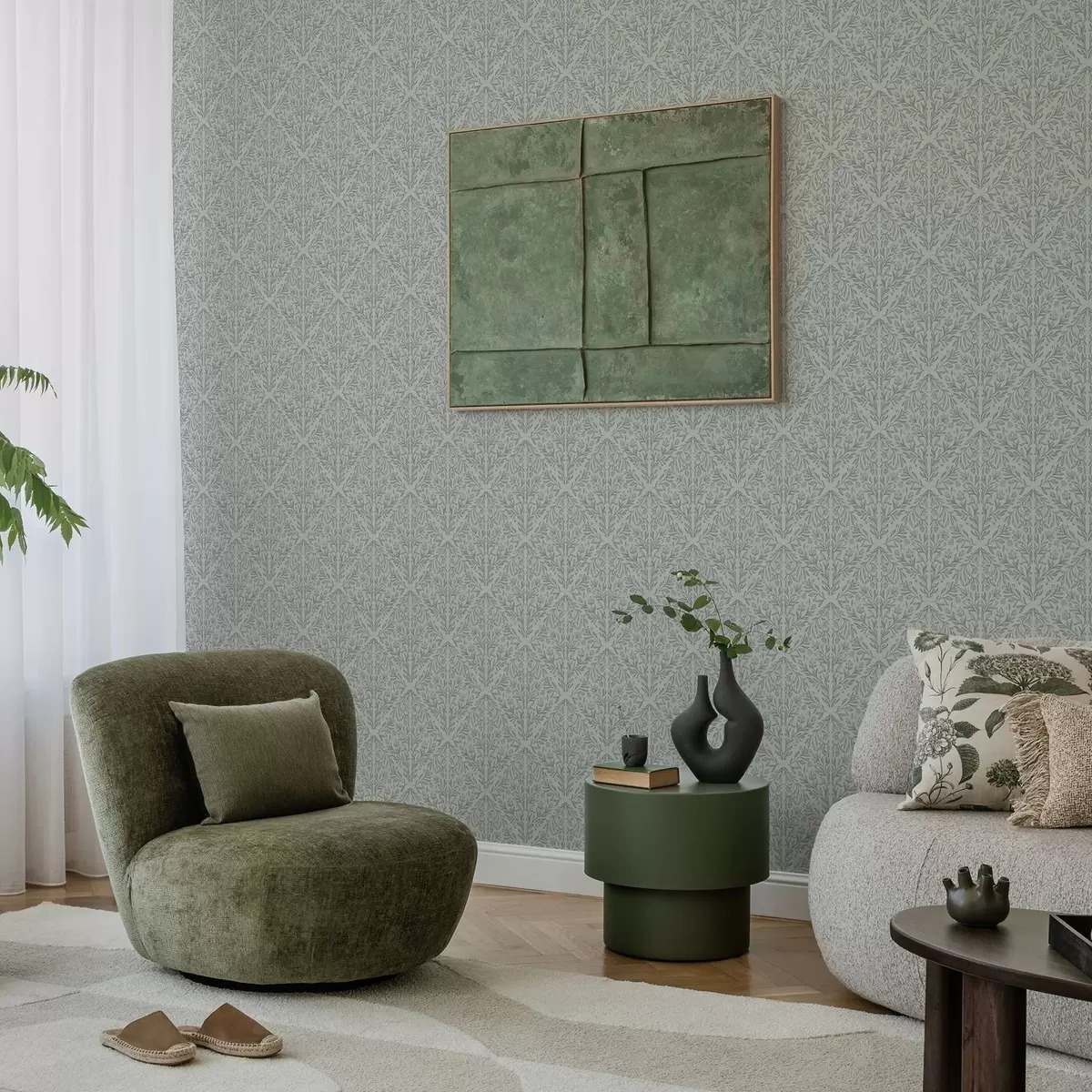 Wallpaper Damasc botanic în culoare gri deschis cu contururi delicate a00815v2