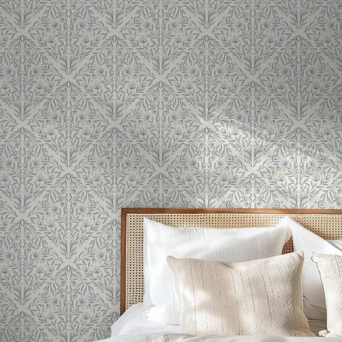 Wallpaper Lacy trage pe fond alb-crem cu contur turcoaz a00815v4