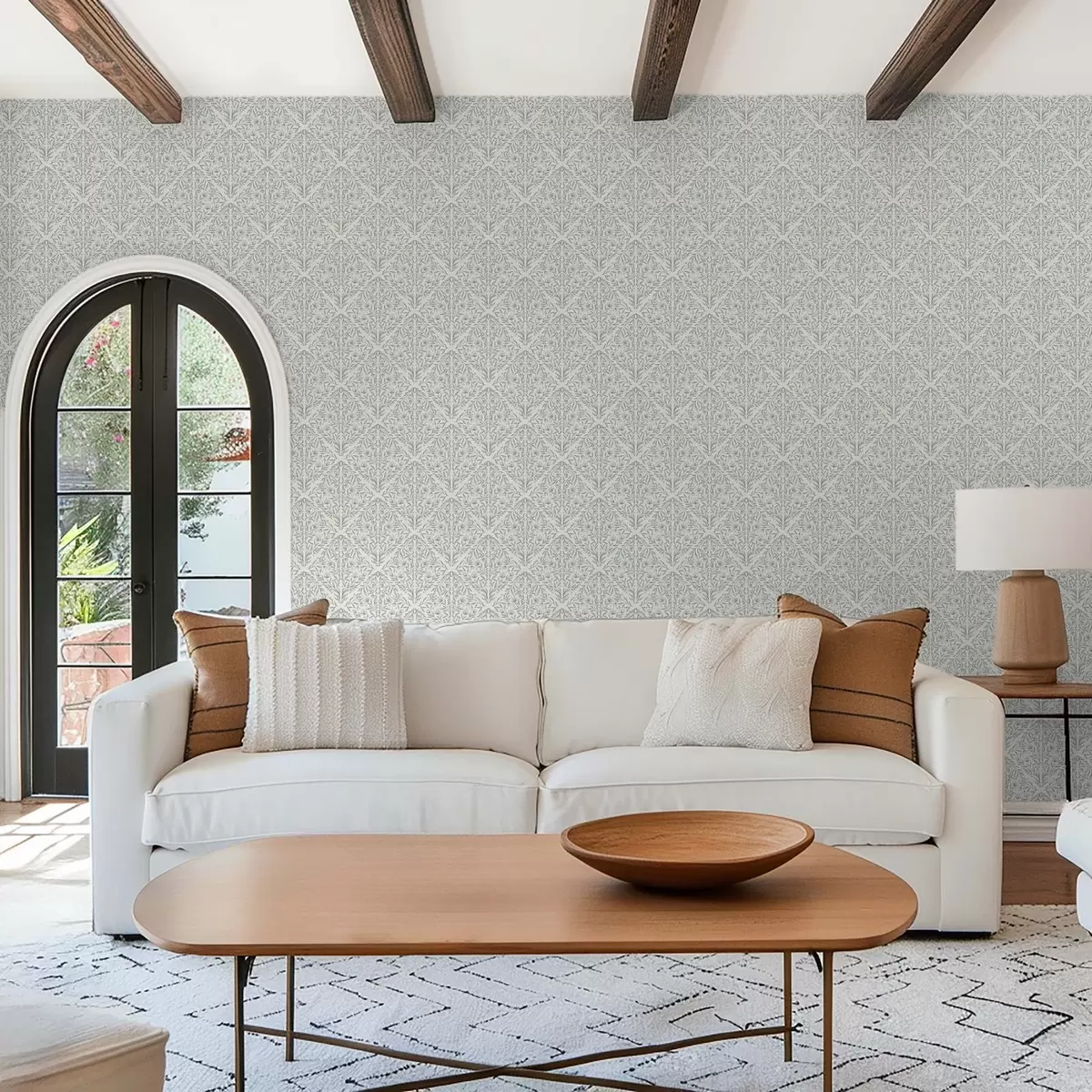 Wallpaper Lacy trage pe fond alb-crem cu contur turcoaz a00815v4