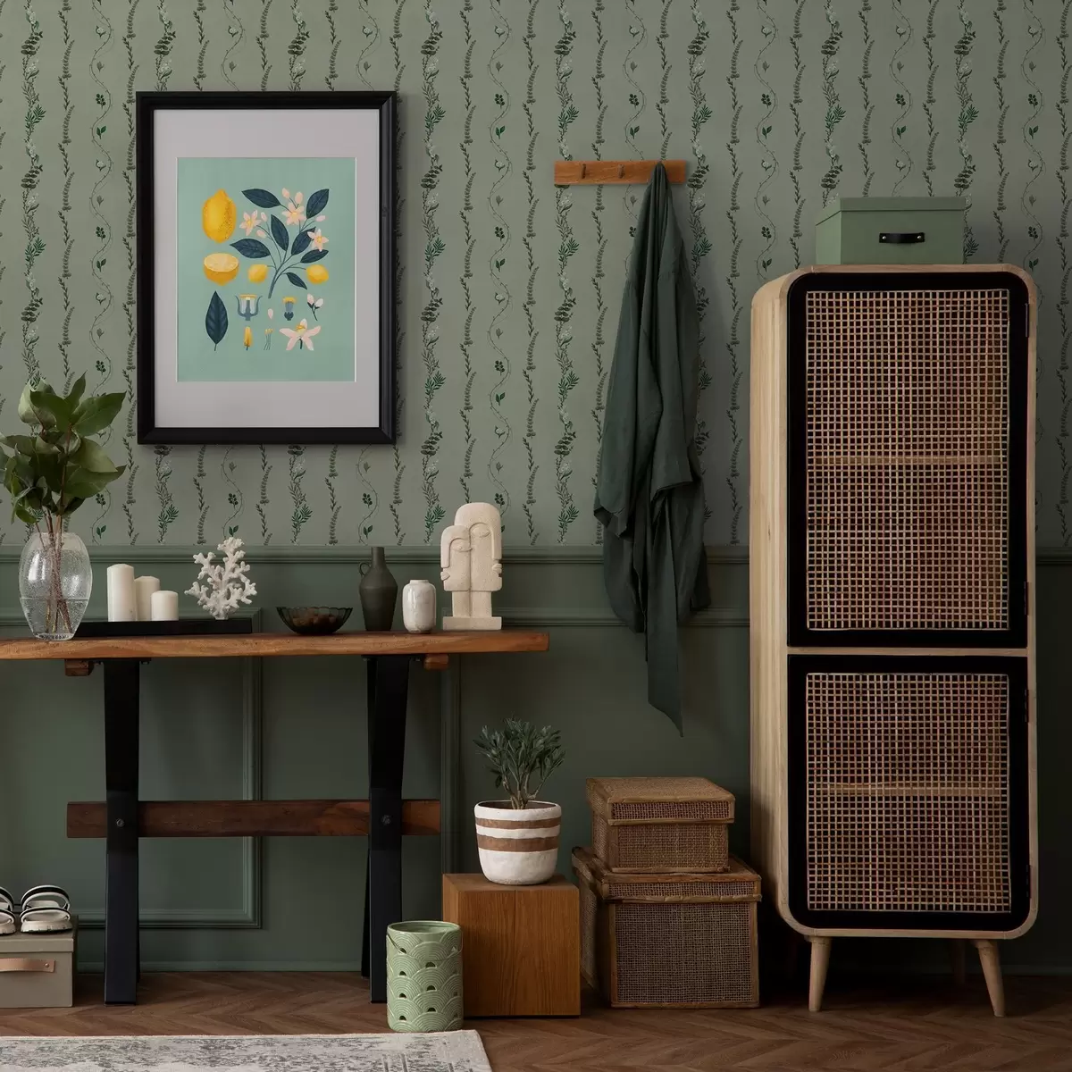 Wallpaper Viță de vie verticală și crenguțe pe fond verde discret a00817v1