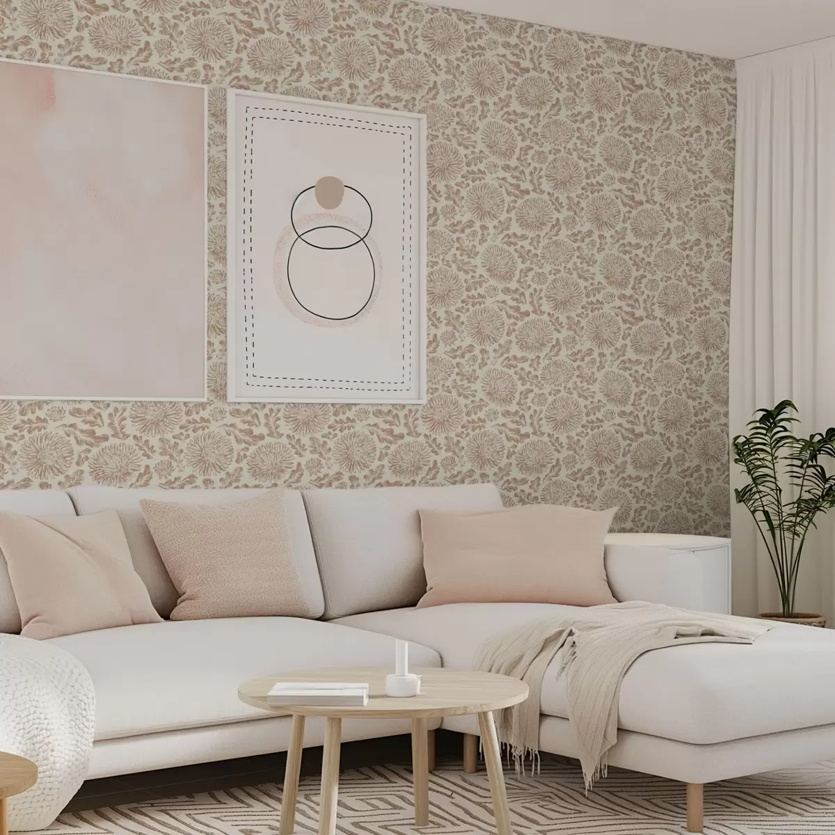 Wallpaper Crizanteme și frunze de stejar în nuanțe delicate de bej-maro a00840