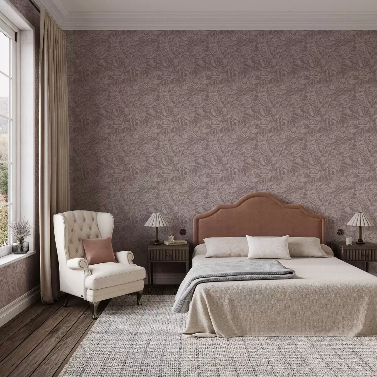 Wallpaper Trandafiri gravați pe fond gri-maro închis a00841