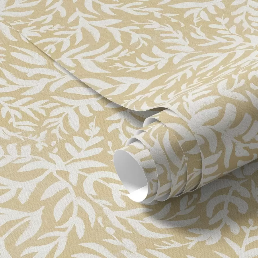 fototapet Model cu frunze albe pe fond ocru cald, ritm învolburat a00845