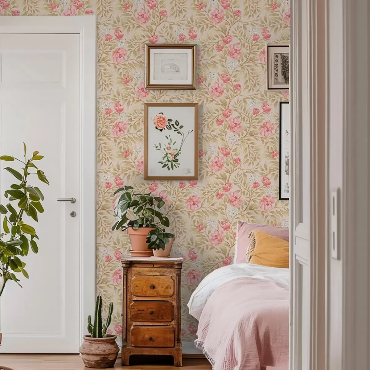 Wallpaper Flori roz, flori albe și frunziș în nuanțe de ocru a00855