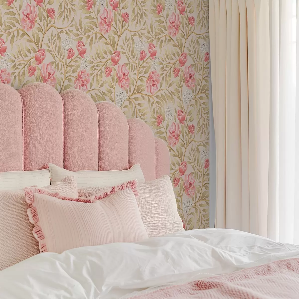 Wallpaper Flori roz, flori albe și frunziș în nuanțe de ocru a00855