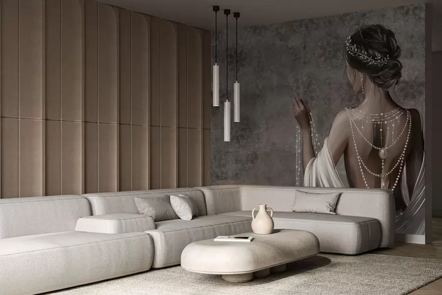 fototapet Femeie văzută din spate cu perle, fundal cu model de piatră gri w04854