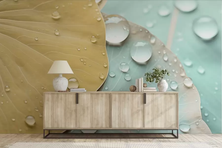 fototapet Picături de apă pe frunze macro acuarelă w04838v1