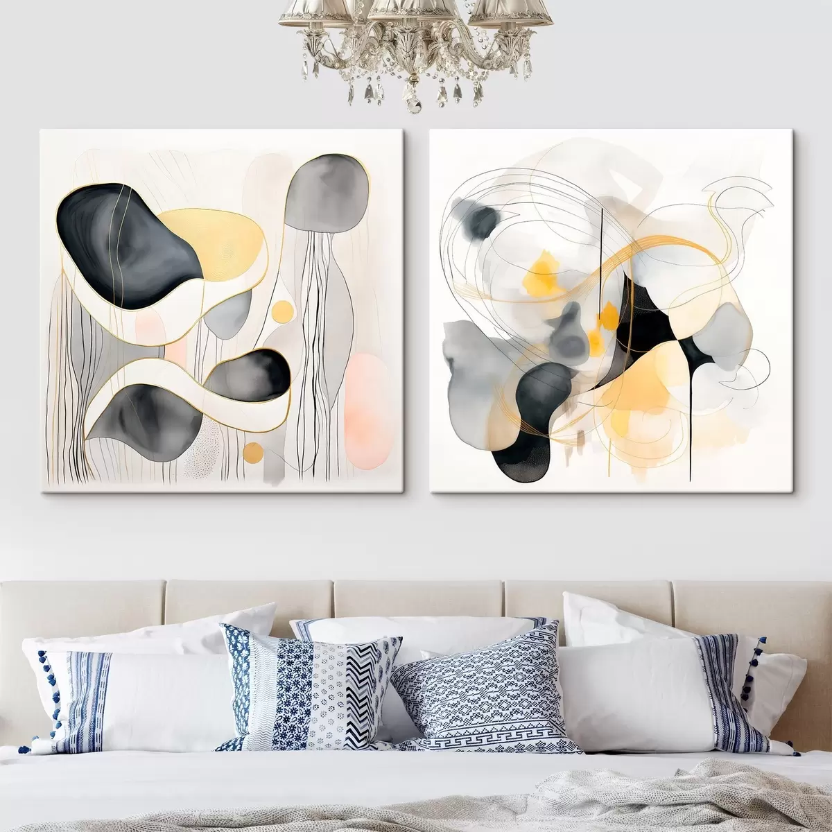 Tablouri Monocromatic și accent galben în stil abstract m00905