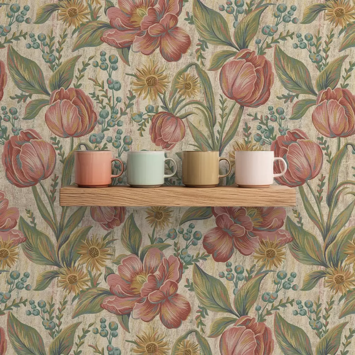 Wallpaper Lalele și asteri vintage, fond crem texturat a00773