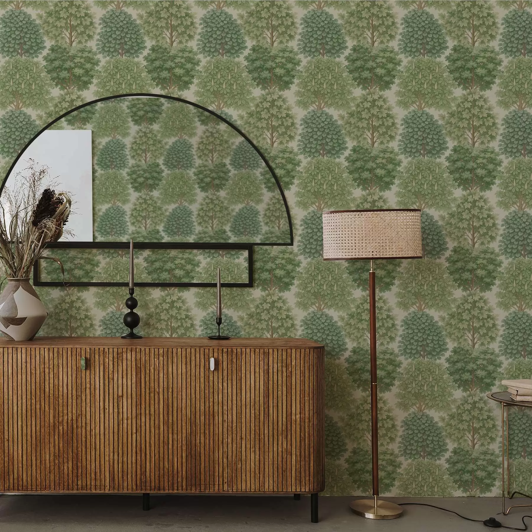 fototapet Grădină cu copaci în nuanțe delicate de verde pe un fundal deschis a00775